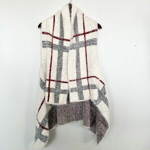 R Fashion Cream/Red Plaid Fuzzy Sweater Vest Eyelash Knit Open Front Cardigan OS